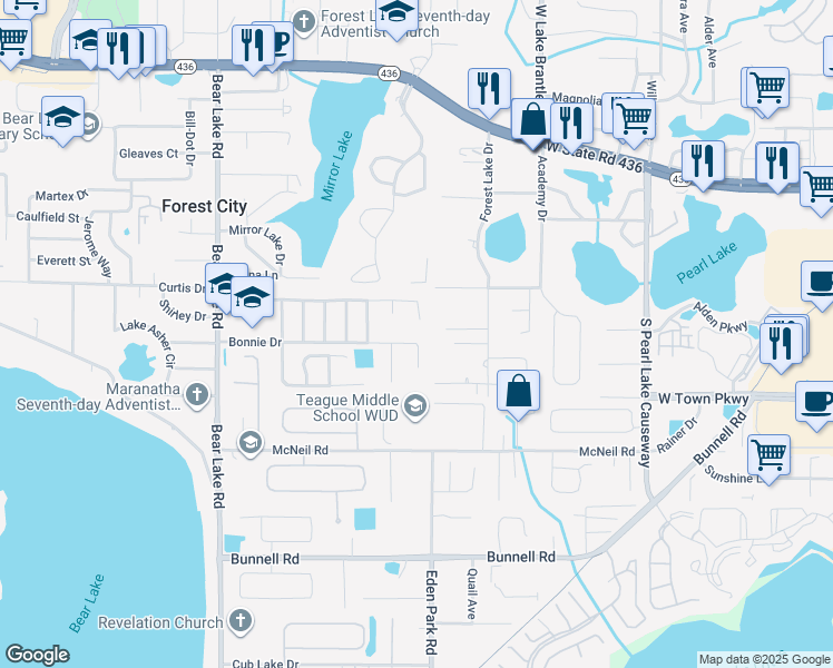 map of restaurants, bars, coffee shops, grocery stores, and more near 4017 Bonnie Drive in Apopka