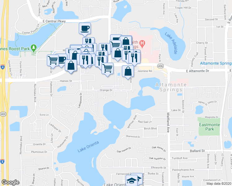 map of restaurants, bars, coffee shops, grocery stores, and more near 560 Orange Drive in Altamonte Springs