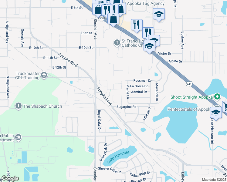 map of restaurants, bars, coffee shops, grocery stores, and more near 1020 Windy Way in Apopka