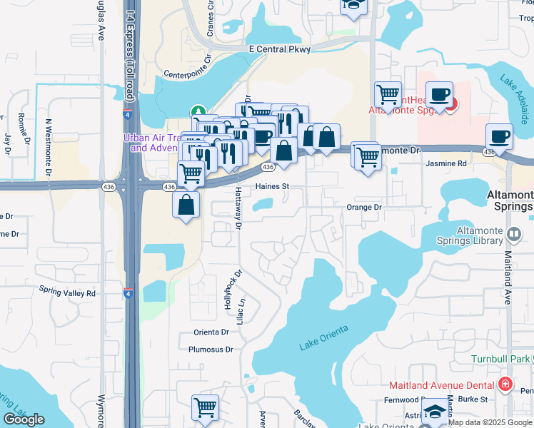 map of restaurants, bars, coffee shops, grocery stores, and more near 6 Escondido Circle in Altamonte Springs