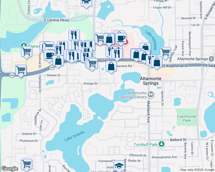 map of restaurants, bars, coffee shops, grocery stores, and more near 596 Orange Drive in Altamonte Springs