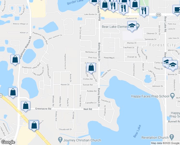 map of restaurants, bars, coffee shops, grocery stores, and more near 1256 Hibiscus Road in Apopka