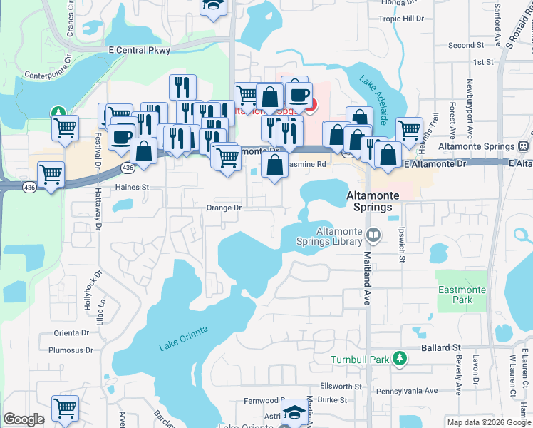 map of restaurants, bars, coffee shops, grocery stores, and more near 598 Orange Drive in Altamonte Springs