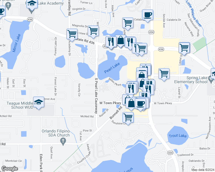 map of restaurants, bars, coffee shops, grocery stores, and more near 1061 Charter Oak Lane in Altamonte Springs