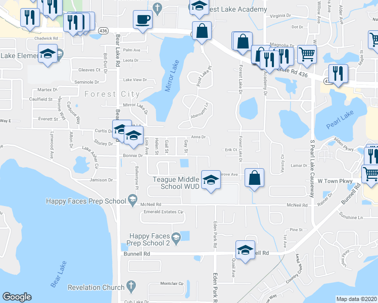 map of restaurants, bars, coffee shops, grocery stores, and more near 1221 Gay Street in Apopka