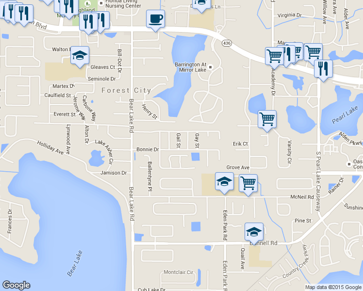 map of restaurants, bars, coffee shops, grocery stores, and more near 1221 Gail Street in Apopka