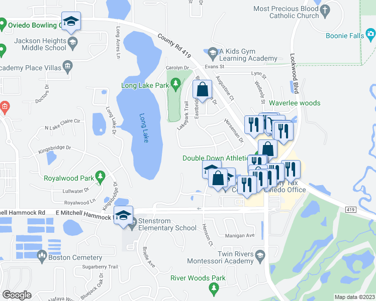 map of restaurants, bars, coffee shops, grocery stores, and more near 450 Lakepark Trail in Oviedo