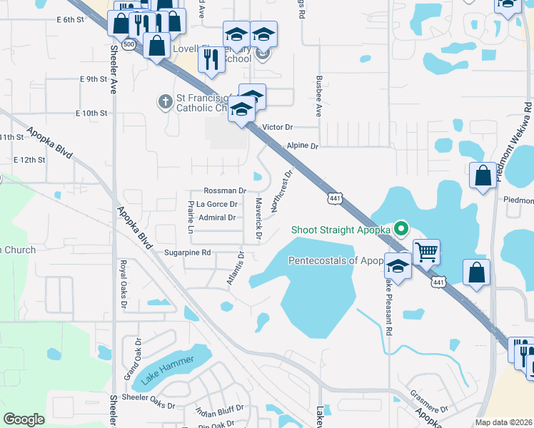 map of restaurants, bars, coffee shops, grocery stores, and more near 1448 Eden Drive in Apopka
