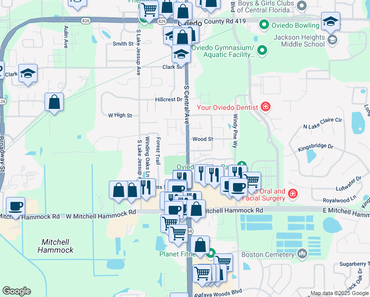 map of restaurants, bars, coffee shops, grocery stores, and more near 6 Sandalwood Court in Oviedo