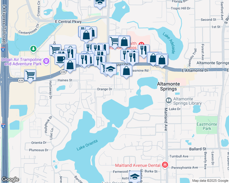 map of restaurants, bars, coffee shops, grocery stores, and more near 560 Orange Drive in Altamonte Springs