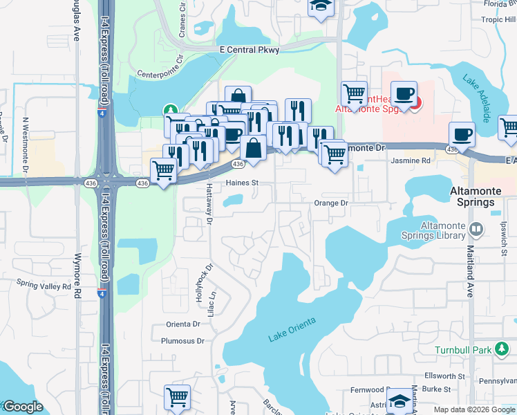 map of restaurants, bars, coffee shops, grocery stores, and more near 8 Escondido Circle in Altamonte Springs