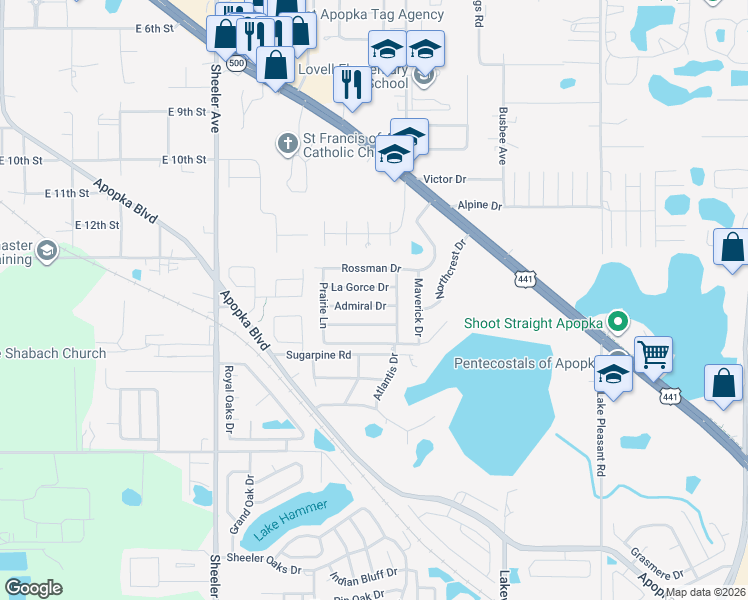 map of restaurants, bars, coffee shops, grocery stores, and more near 1313 Admiral Drive in Apopka
