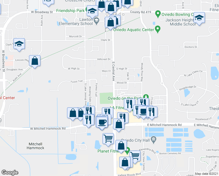 map of restaurants, bars, coffee shops, grocery stores, and more near 15 Sandalwood Court in Oviedo