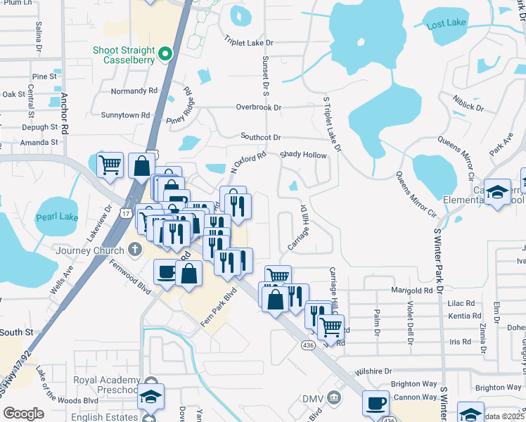 map of restaurants, bars, coffee shops, grocery stores, and more near 22 Bayberry Branch in Casselberry