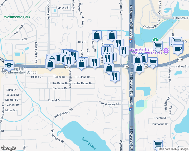 map of restaurants, bars, coffee shops, grocery stores, and more near 300 Tulane Drive in Altamonte Springs