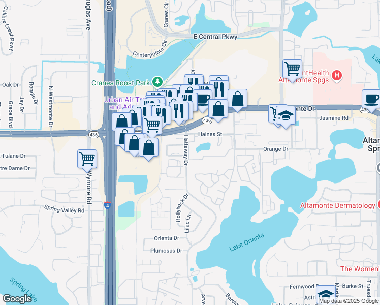 map of restaurants, bars, coffee shops, grocery stores, and more near 4 Escondido Circle in Altamonte Springs