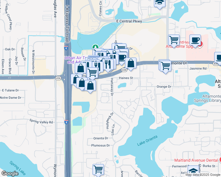 map of restaurants, bars, coffee shops, grocery stores, and more near 91 Hattaway Drive in Altamonte Springs