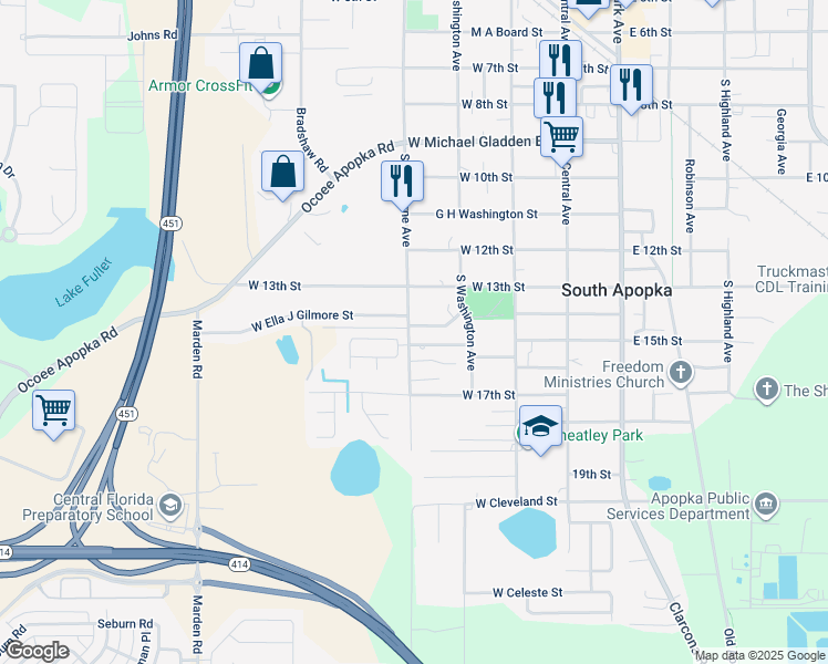 map of restaurants, bars, coffee shops, grocery stores, and more near 250 West Ella J Gilmore Street in Apopka