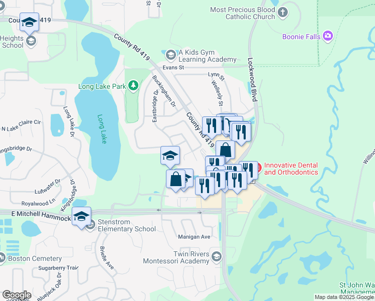 map of restaurants, bars, coffee shops, grocery stores, and more near 633 Prince Lane in Oviedo