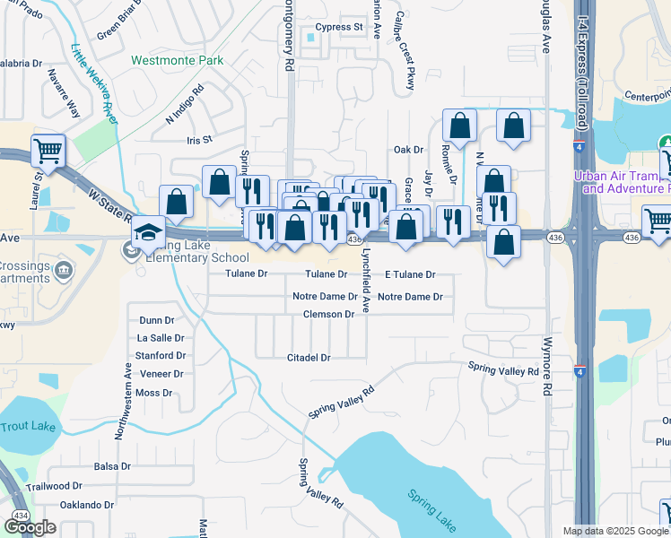 map of restaurants, bars, coffee shops, grocery stores, and more near 434 Tulane Drive in Altamonte Springs