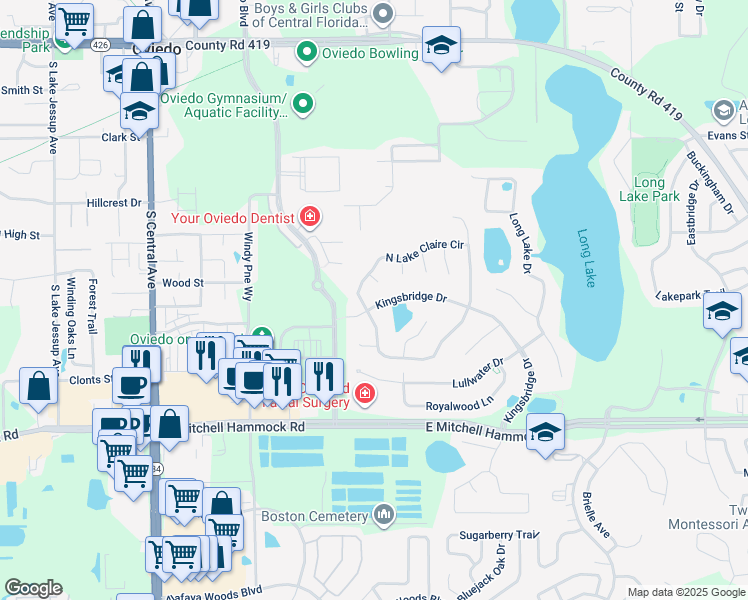 map of restaurants, bars, coffee shops, grocery stores, and more near 782 Kingsbridge Drive in Oviedo