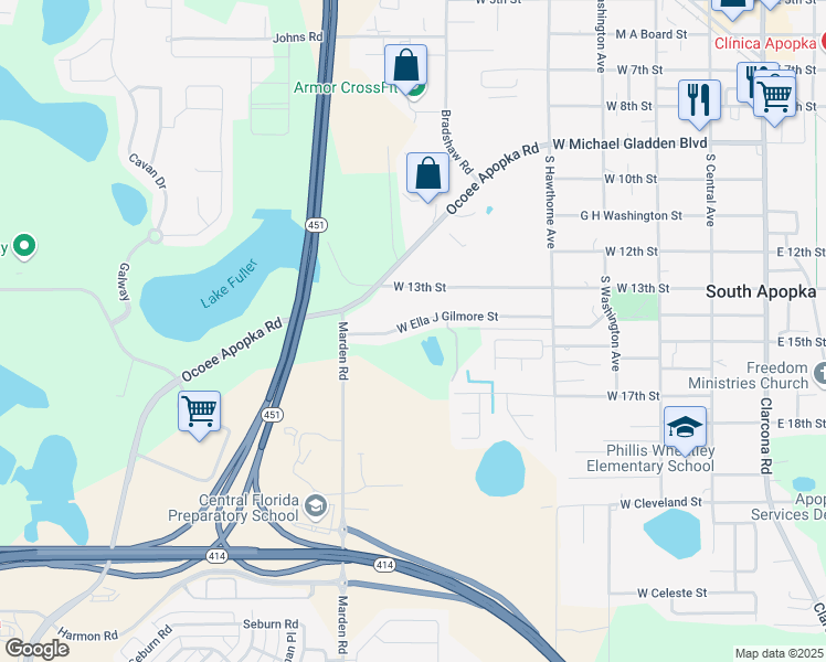 map of restaurants, bars, coffee shops, grocery stores, and more near 532 West Ella J Gilmore Street in Apopka