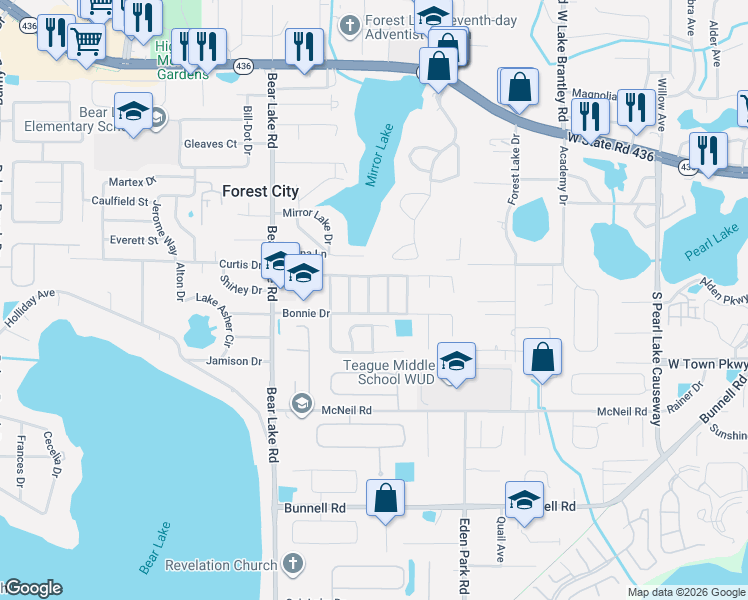 map of restaurants, bars, coffee shops, grocery stores, and more near 1221 Gail Street in Apopka