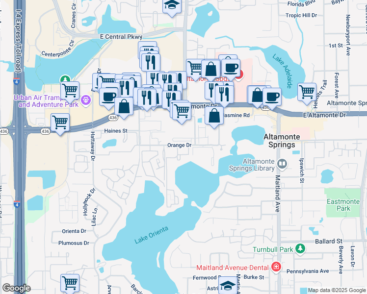 map of restaurants, bars, coffee shops, grocery stores, and more near 506 Orange Drive in Altamonte Springs