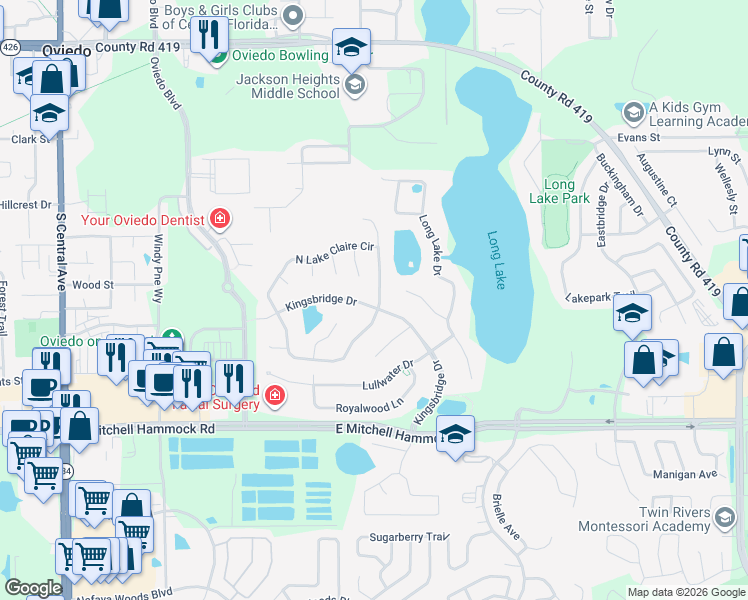 map of restaurants, bars, coffee shops, grocery stores, and more near 846 Kingsbridge Drive in Oviedo