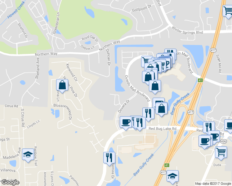 map of restaurants, bars, coffee shops, grocery stores, and more near 727 Amberly Jewel Way in Oviedo