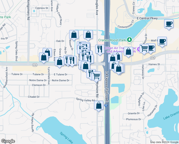 map of restaurants, bars, coffee shops, grocery stores, and more near 230 Florida 436 in Altamonte Springs