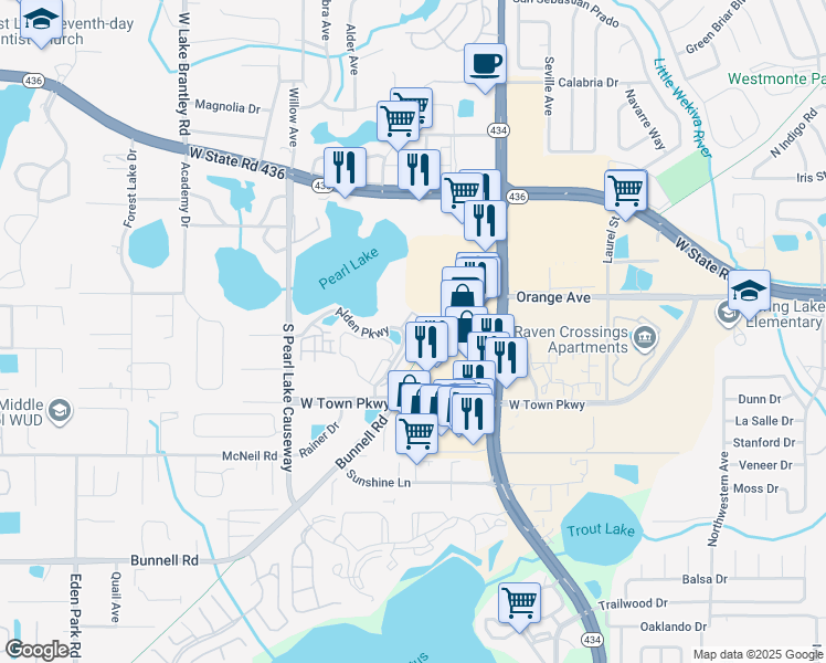map of restaurants, bars, coffee shops, grocery stores, and more near 206 Sterling Springs Lane in Altamonte Springs
