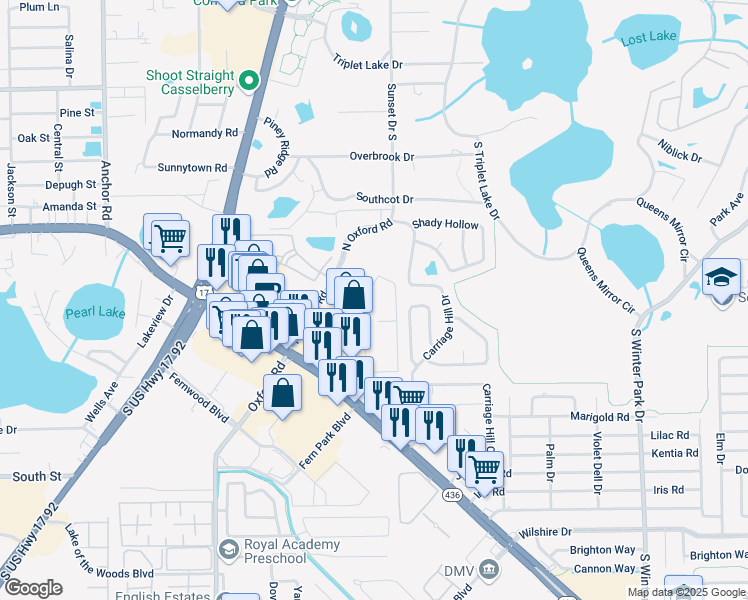 map of restaurants, bars, coffee shops, grocery stores, and more near 670 Kenwick Circle in Casselberry