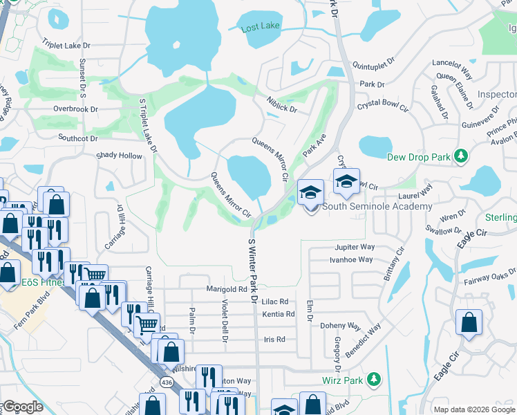 map of restaurants, bars, coffee shops, grocery stores, and more near 180 South Winter Park Drive in Casselberry
