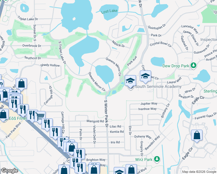 map of restaurants, bars, coffee shops, grocery stores, and more near 180 South Winter Park Drive in Casselberry