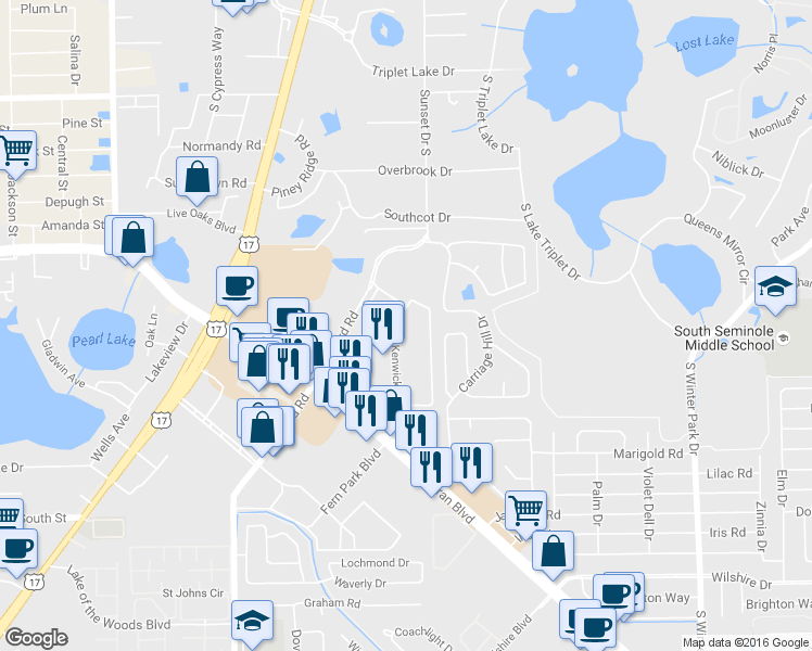 map of restaurants, bars, coffee shops, grocery stores, and more near 670 Kenwick Circle in Casselberry