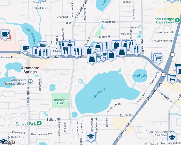 map of restaurants, bars, coffee shops, grocery stores, and more near 224 Robin Road in Altamonte Springs
