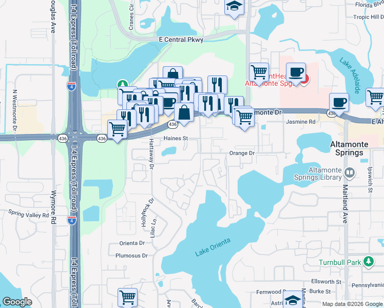 map of restaurants, bars, coffee shops, grocery stores, and more near 8 Escondido Circle in Altamonte Springs