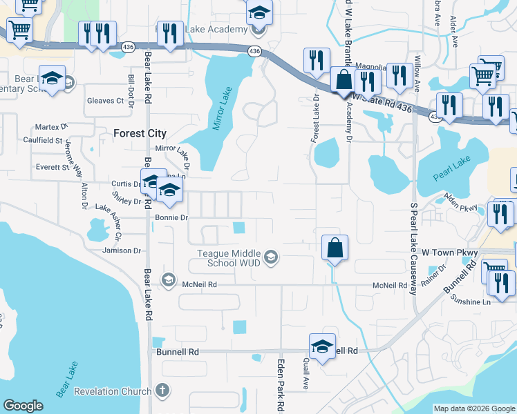 map of restaurants, bars, coffee shops, grocery stores, and more near 4017 Bonnie Drive in Apopka