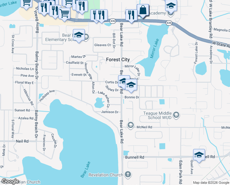 map of restaurants, bars, coffee shops, grocery stores, and more near 3505 Bonnie Drive in Apopka