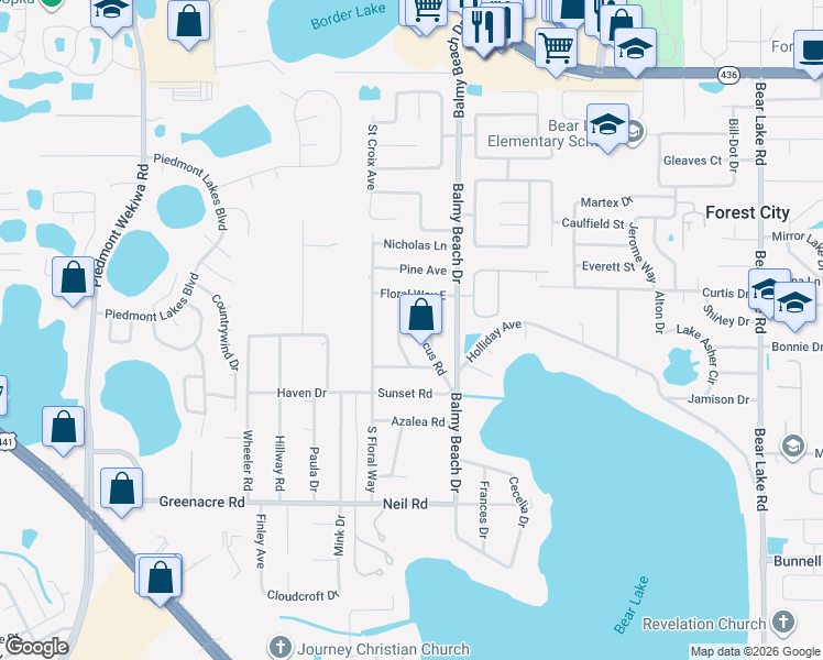 map of restaurants, bars, coffee shops, grocery stores, and more near 1256 Hibiscus Road in Apopka