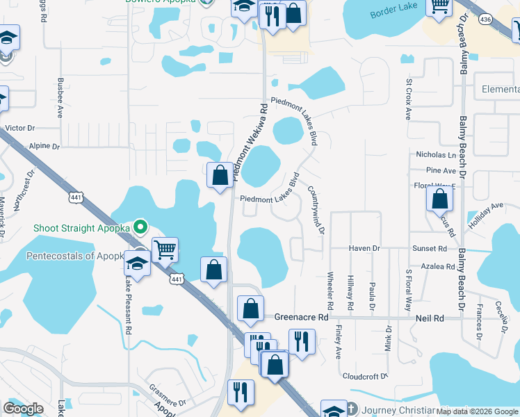 map of restaurants, bars, coffee shops, grocery stores, and more near 1233 Lake Blue Circle in Apopka