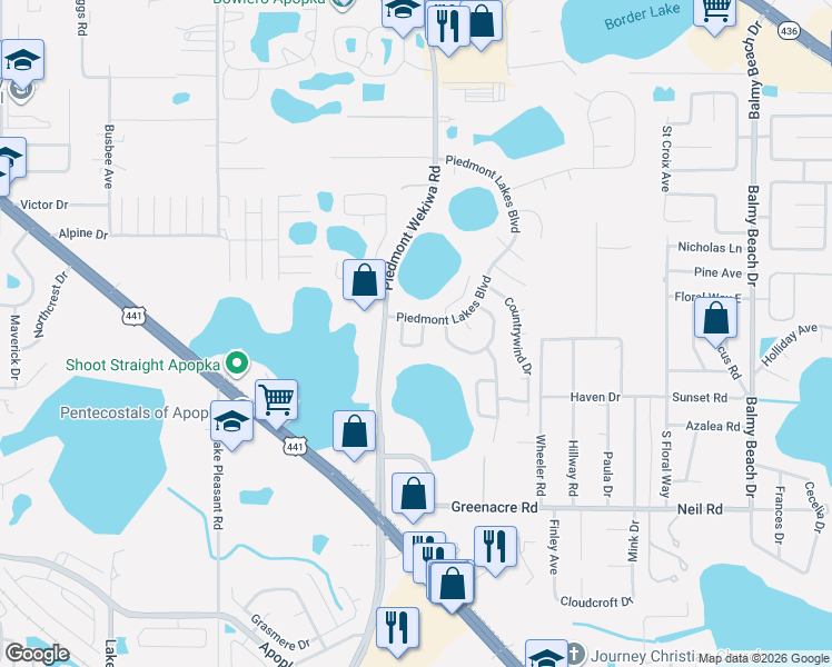 map of restaurants, bars, coffee shops, grocery stores, and more near 1233 Lake Blue Circle in Apopka