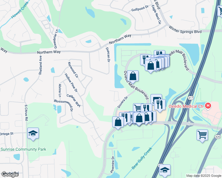 map of restaurants, bars, coffee shops, grocery stores, and more near 727 Amberly Jewel Way in Oviedo