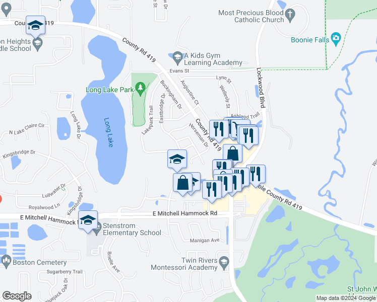 map of restaurants, bars, coffee shops, grocery stores, and more near 604 Lakepark Trail in Oviedo