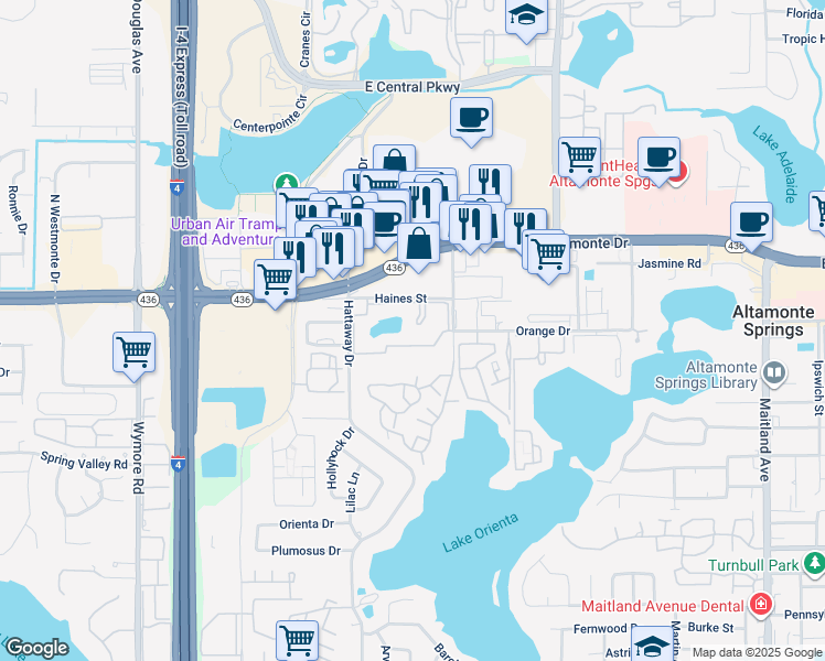 map of restaurants, bars, coffee shops, grocery stores, and more near 8 Escondido Circle in Altamonte Springs