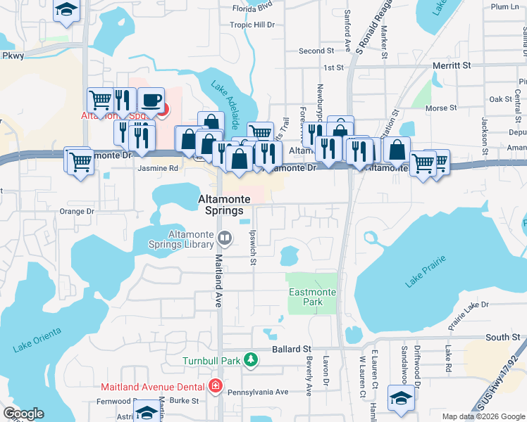 map of restaurants, bars, coffee shops, grocery stores, and more near 784 Orienta Avenue in Altamonte Springs