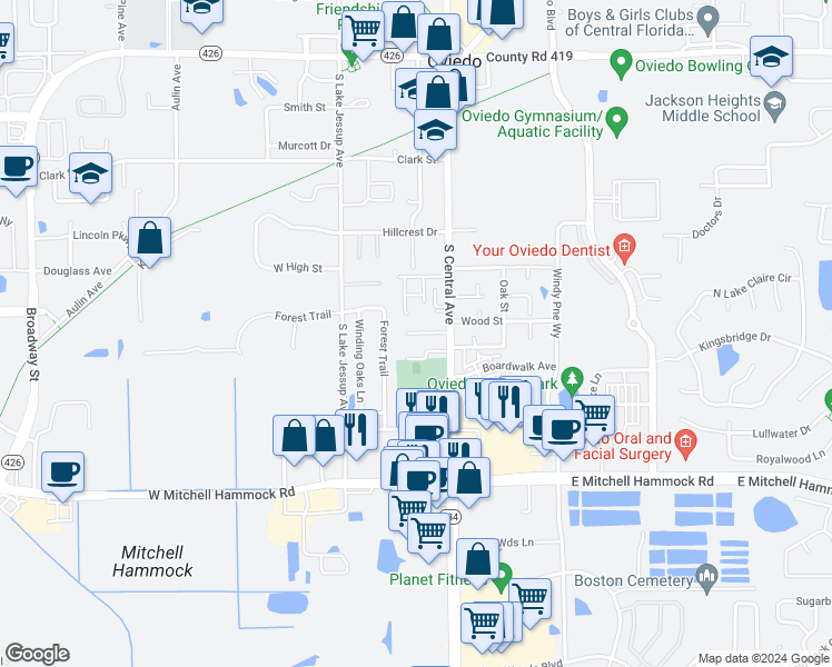 map of restaurants, bars, coffee shops, grocery stores, and more near 30 Sandalwood Court in Oviedo