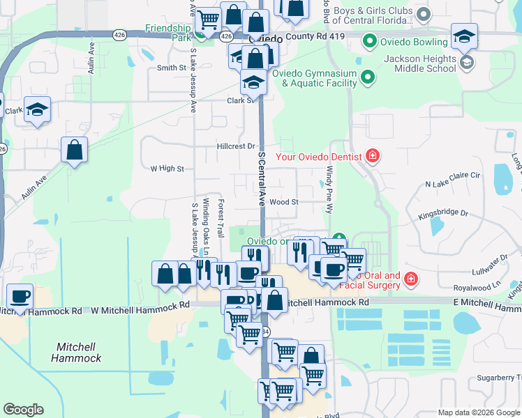 map of restaurants, bars, coffee shops, grocery stores, and more near 15 Sandalwood Court in Oviedo