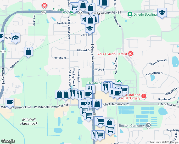 map of restaurants, bars, coffee shops, grocery stores, and more near 36 Sandalwood Court in Oviedo